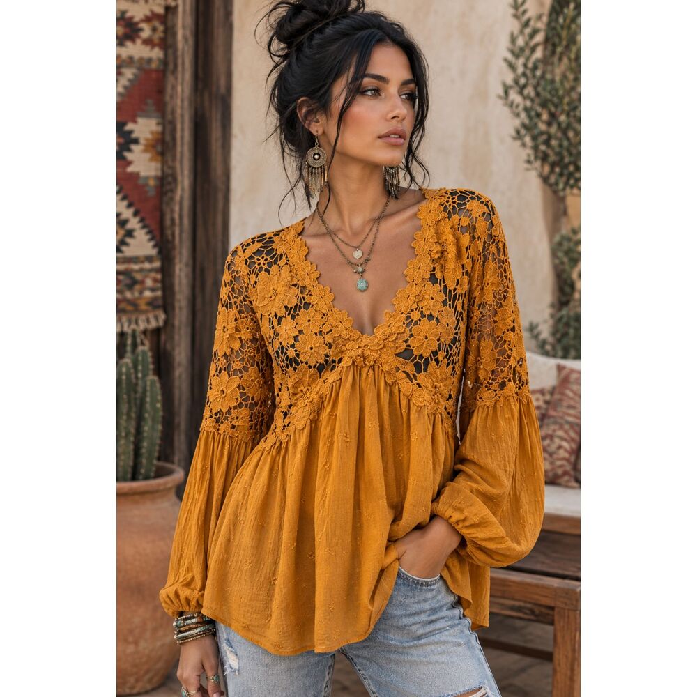 Free People Lina Lace Crochet Rust Colored Peasant Blouse Size Small